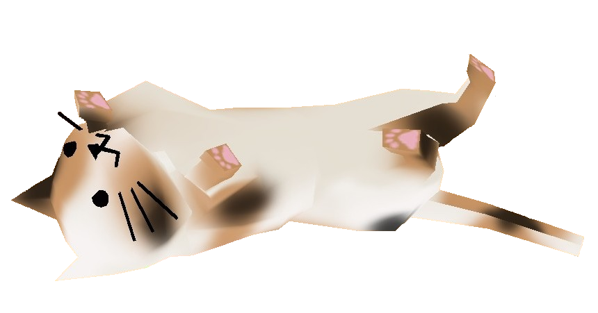 a low-poly 3d calico cat lying on its back and pawing at the air