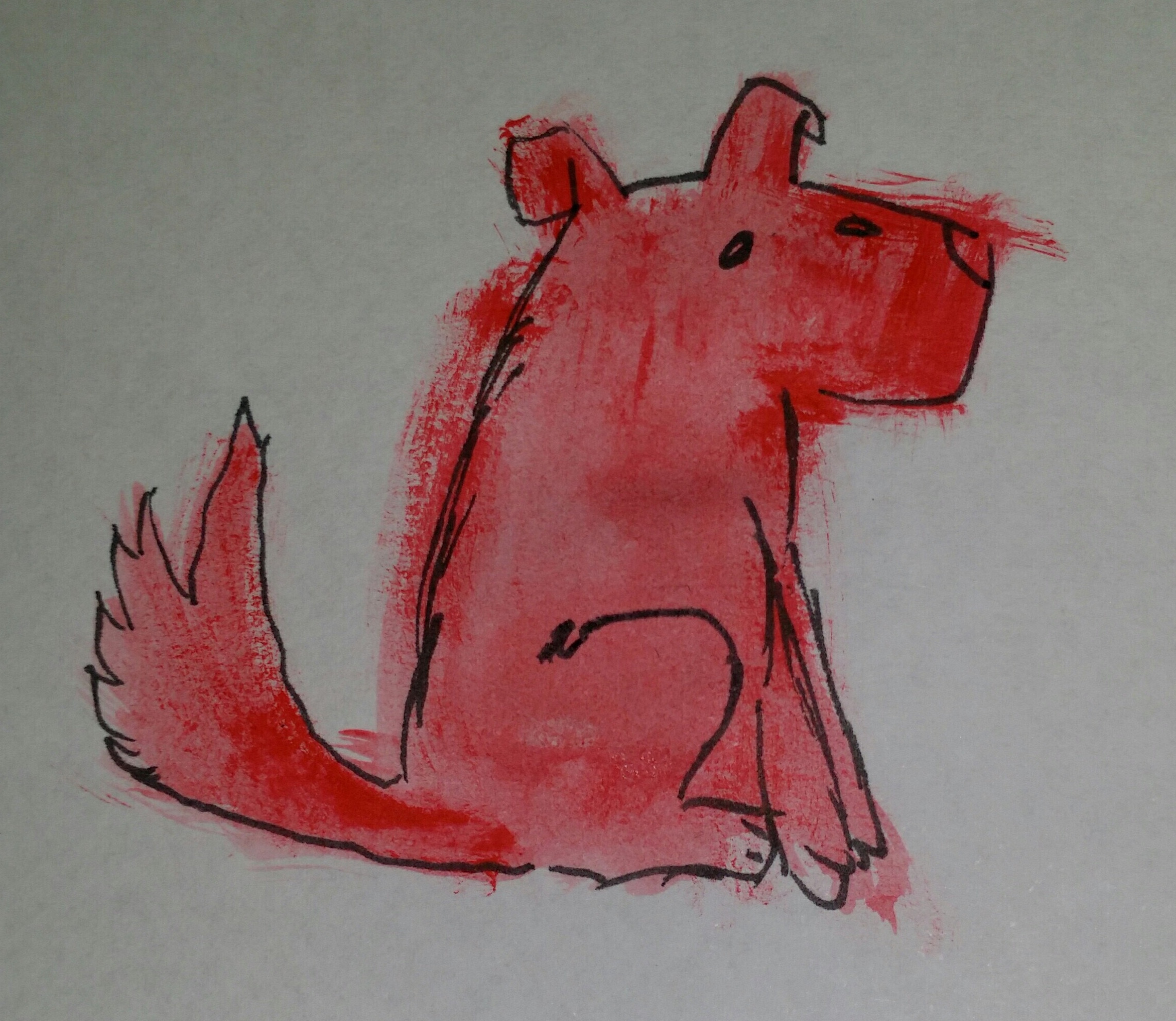 a little red dog sitting down, drawn in pen and colored in paint, some of the color bleeding outside the lines